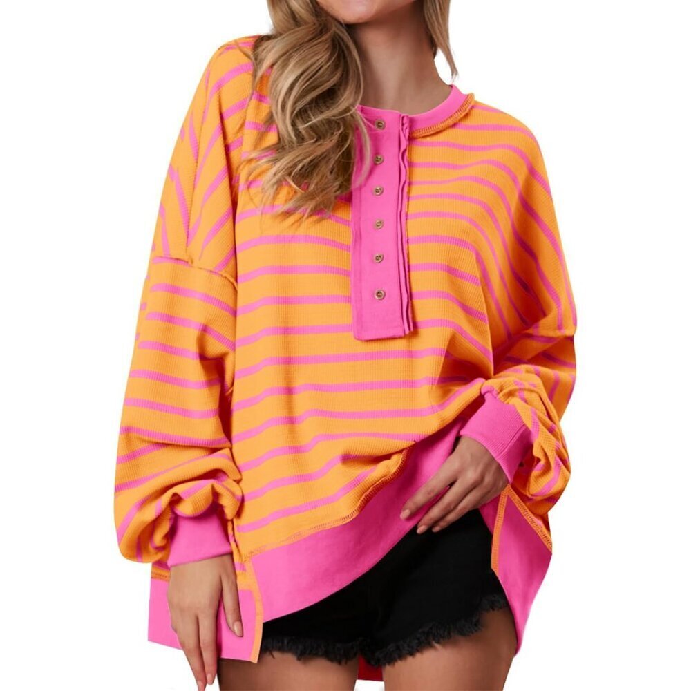 Womens Oversized Waffle Knit Sweatshirt Long Sleeve Button Henley Casual Top